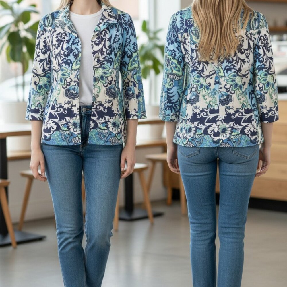 Chico's 1 Ornate Dance Sateen‎ Jacket Size 1 (STYLE: 570226062)
